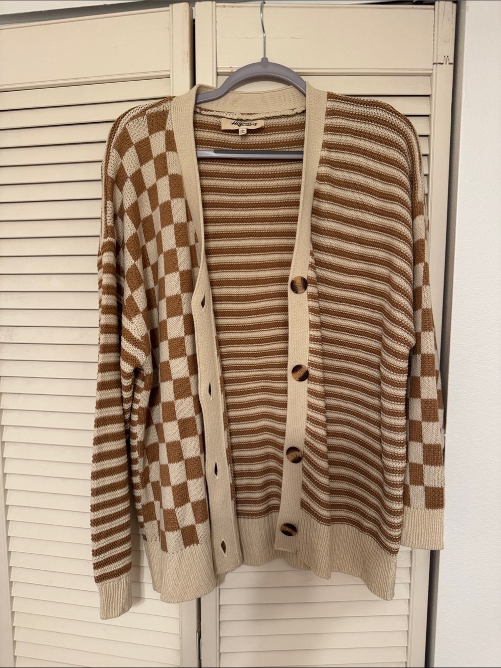 a new day woman’s Brown and Cream Striped & Check Knit Cardigan